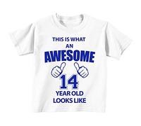 C'est CE qu'un Awesome 14 ans Looks Like Blanc T-shirt Bleu Text bébé tout-petit enfants Disponible en tailles 0-6 mois à 14-15 ans du 14ème anniversaire T-shirt blanc blanc 24-36 Months