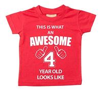 C'est CE qu'un Awesome 4 ans Looks Like Blanc T-shirt Bleu Text bébé tout-petit enfants Disponible en tailles 0-6 mois à 14-15 ans 4e anniversaire T-shirt blanc blanc 6-12 mois