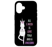 C'est drôle, Tout ce Dont J'Ai Besoin, C'est d'amour, de Yoga et d'une Licorne Coque pour iPhone 16