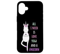 C'est drôle, Tout ce Dont J'Ai Besoin, C'est d'amour, de Yoga et d'une Licorne Coque pour iPhone 16 Plus