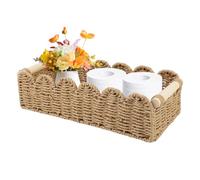 Cesto Portaoggetti Intrecciato, Panier de Rangement Salle de Bain, Corbeille Rangement Papier Toilette Tressé avec Poignées en Bois, Panier Rangement pour Salon, Cuisine, 34.5 × 16 × 10 cm