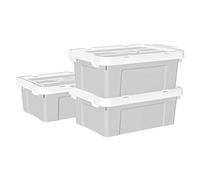 Cetomo 15L*3 Boîte de Rangement, Bac de rangement avec Poignée, Plastique Organisateur avec Couvercle, Empilable, Transportable, pour Vêtements, Bureau, Chambre, Dortoirs, Gris, 15L - Lot de 3