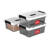 Cetomo 15L*3 Boîte de Rangement, Bac de rangement avec Poignée, Plastique Organisateur avec Couvercle, Empilable, Transportable, pour Vêtements, Bureau, Dortoirs, Transparent Noir, 15L - Lot de 3