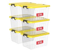 Cetomo 15L*3 Boîtes de Rangement avec Couvercles, Boîte de Rangement en Plastique avec Fermetures à Clipser, Empilable, Encastrable, pour Placard de Bureau à Domicile, Clair & Jaune, 15L, Lot de 3