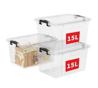 Cetomo 15L*3 Boîtes de Rangement avec Couvercles, Boîte de Rangement en Plastique avec Fermetures à Clipser, Empilable, Encastrable, pour Placard de Bureau à Domicile, Transparent, 15L, Lot de 3
