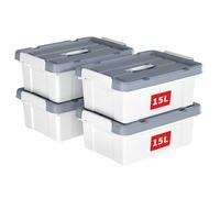 Cetomo 15L*4 Boîte de Rangement, Bac de rangement avec Poignée, Plastique Organisateur avec Couvercle, Empilable, Transportable, pour Vêtements, Bureau, Chambre, Dortoirs, Blanc, 15L - Lot de 4