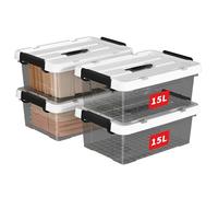 Cetomo 15L*4 Boîte de Rangement, Bac de rangement avec Poignée, Plastique Organisateur avec Couvercle, Empilable, Transportable, pour Vêtements, Bureau, Dortoirs, Transparent Noir, 15L - Lot de 4