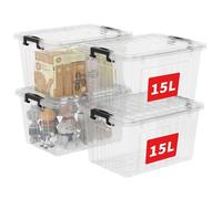 Cetomo 15L*4 Boîtes de Rangement avec Couvercles, Boîte de Rangement en Plastique avec Fermetures à Clipser, Empilable, Encastrable, pour Placard de Bureau à Domicile, Transparent, 15L, Lot de 4
