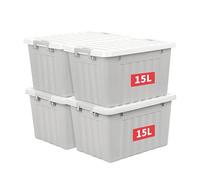 Cetomo Lot de 4 boîtes de rangement en plastique de 15 L, grises, avec couvercle durable et boucles de verrouillage sécurisées, empilables et emboîtables, avec boucle, Gris