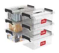 Cetomo 15L*6 Boîte de Rangement, Bac de rangement avec Poignée, Plastique Organisateur avec Couvercle, Empilable, Transportable, pour Vêtements, Bureau, Chambre, Dortoirs, Transparent, 15L - Lot de 6