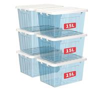 Cetomo 15L*6 Boîtes de Rangement avec Couvercles, Boîte de Rangement en Plastique avec Fermetures à Clipser, Empilable, Encastrable, pour Placard de Bureau à Domicile, Bleu Transparent, 15L, Lot de 6