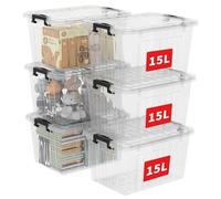 Cetomo Boîte de rangement 15 L x 6 pouces avec fermeture à clic et couvercle, organiseur transparent empilable, Clair, Claire