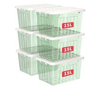 Cetomo 15L*6 Boîtes de Rangement avec Couvercles, Boîte de Rangement en Plastique avec Fermetures à Clipser, Empilable, Encastrable, pour Placard de Bureau à Domicile, Vert Transparent, 15L, Lot de 6