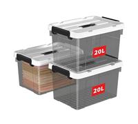 Cetomo 20L*3 Boîte de Rangement, Bac de rangement avec Poignée, Plastique Organisateur avec Couvercle, Empilable, Transportable, pour Vêtements, Bureau, Dortoirs, Transparent Noir, 20L - Lot de 3