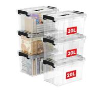 Cetomo 20L * 6 Boîte de rangement Bac de rangement Conteneur de rangement avec fermeture à clic et couvercle Organisateur transparent empilable Lot de 6, Clair