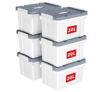 Cetomo 20L*6 Boîte de Rangement, Bac de rangement avec Poignée, Plastique Organisateur avec Couvercle, Empilable, Transportable, pour Vêtements, Bureau, Chambre, Dortoirs, Blanc, 20L - Lot de 6