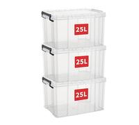 Cetomo 25L*3 Boîtes de rangement, boîte empilable avec couvercles, contenant robuste avec coins renforcés, côtés verticaux et verrouillage à pression, durable, en plastique, transparent,25L - lot de 3
