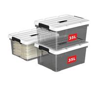 Cetomo 35L*3 Boîte de Rangement, Bac de rangement avec Poignée, Plastique Organisateur avec Couvercle, Empilable, Transportable, pour Vêtements, Bureau, Dortoirs, Transparent Noir, 35L - Lot de 3