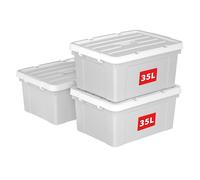 Cetomo 35L*3 Boîte de Rangement, Bac de rangement avec Poignée, Plastique Organisateur avec Couvercle, Empilable, Transportable, pour Vêtements, Bureau, Chambre, Dortoirs, Gris, 35L - Lot de 3