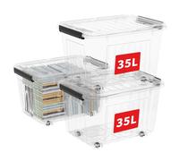 Cetomo 35L*3 Boîtes de Rangement avec Couvercles, Boîte de Rangement en Plastique avec Clips et Roulettes, Empilables, Encastrables, pour Placard de Bureau à Domicile, Transparent, 35L, Lot de 3