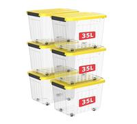Cetomo 35L*3 Boîtes de Rangement avec Couvercles, Boîte de Rangement en Plastique avec Clips et Roulettes, Empilables, Encastrables, pour Placard de Bureau à Domicile, Clair & Jaune, 35L, Lot de 3