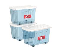 Cetomo 35L*3 Boîtes de Rangement avec Couvercles, Boîte de Rangement en Plastique avec Clips et Roulettes, Empilables, Encastrables, pour Placard de Bureau à Domicile, Bleu Transparent, 35L, Lot de 3
