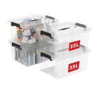 Cetomo 35L*4 Boîte de Rangement, Bac de rangement avec Poignée, Plastique Organisateur avec Couvercle, Empilable, Transportable, pour Vêtements, Bureau, Chambre, Dortoirs, Transparent, 35L - Lot de 4