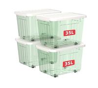 Cetomo 35L*4 Boîtes de Rangement avec Couvercles, Boîte de Rangement en Plastique avec Clips et Roulettes, Empilables, Encastrables, pour Placard de Bureau à Domicile, Vert Transparent, 35L, Lot de 4