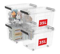 Cetomo 35L*4 Boîtes de Rangement avec Couvercles, Boîte de Rangement en Plastique avec Clips et Roulettes, Empilables, Encastrables, pour Placard de Bureau à Domicile, Transparent, 35L, Lot de 4