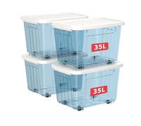 Cetomo 35L*4 Boîtes de Rangement avec Couvercles, Boîte de Rangement en Plastique avec Clips et Roulettes, Empilables, Encastrables, pour Placard de Bureau à Domicile, Bleu Transparent, 35L, Lot de 4