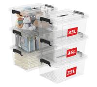 Cetomo 35L*6 Boîte de Rangement, Bac de rangement avec Poignée, Plastique Organisateur avec Couvercle, Empilable, Transportable, pour Vêtements, Bureau, Chambre, Dortoirs, Transparent, 35L - Lot de 6