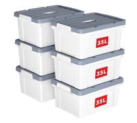 Cetomo 35L*6 Boîte de Rangement, Bac de rangement avec Poignée, Plastique Organisateur avec Couvercle, Empilable, Transportable, pour Vêtements, Bureau, Chambre, Dortoirs, Blanc, 35L - Lot de 6