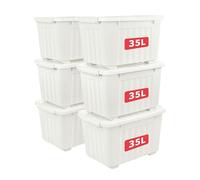Cetomo 35L*6 Boîtes de Rangement avec Couvercles, Boîte de Rangement en Plastique avec Clips et Roulettes, Empilables, Encastrables, pour Placard de Bureau à Domicile, Blanc, 35L, Lot de 6