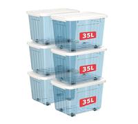 Cetomo 35L*6 Boîtes de Rangement avec Couvercles, Boîte de Rangement en Plastique avec Clips et Roulettes, Empilables, Encastrables, pour Placard de Bureau à Domicile, Bleu Transparent, 35L, Lot de 6