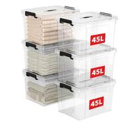Cetomo 45L*6 Boîte de Rangement, Bac de rangement avec Poignée, Plastique Organisateur avec Couvercle, Empilable, Transportable, pour Vêtements, Bureau, Chambre, Dortoirs, Transparent, 45L - Lot de 6