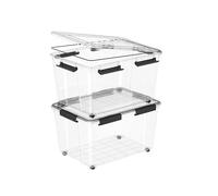 Cetomo 55L*2 Boîtes de stockage en plastique hermétiques, Boîte de stockage avec joint d'étanchéité, roues et couvercle, pour extérieur, étanches à l'eau, empilables, PP, transparentes, 55L (2 pièces)