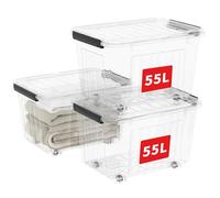Cetomo 55L*3 Boîtes de Rangement avec Couvercles, Boîte de Rangement en Plastique avec Clips et Roulettes, Empilables, Encastrables, pour Placard de Bureau à Domicile, Transparent, 55L, Lot de 3