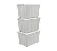 Cetomo 55L*3 Boîtes de Rangement avec Couvercles, Boîte de Rangement en Plastique avec Clips et Roulettes, Empilables, Encastrables, pour Placard de Bureau à Domicile, Gris, 55L, Lot de 3
