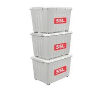 Cetomo 55L*3 Boîtes de Rangement avec Couvercles, Boîte de Rangement en Plastique avec Clips et Roulettes, Empilables, Encastrables, pour Placard de Bureau à Domicile, Gris, 55L, Lot de 3