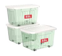 Cetomo 55L*3 Boîtes de Rangement avec Couvercles, Boîte de Rangement en Plastique avec Clips et Roulettes, Empilables, Encastrables, pour Placard de Bureau à Domicile, Vert Transparent, 55L, Lot de 3