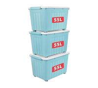 Cetomo 55L*3 Boîtes de Rangement avec Couvercles, Boîte de Rangement en Plastique avec Clips et Roulettes, Empilables, Encastrables, pour Placard de Bureau à Domicile, Bleu, 55L, Lot de 3