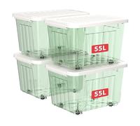 Cetomo 55L*4 Boîtes de Rangement avec Couvercles, Boîte de Rangement en Plastique avec Clips et Roulettes, Empilables, Encastrables, pour Placard de Bureau à Domicile, Vert Transparent, 55L, Lot de 4