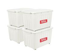 Cetomo 55L*4 Boîtes de Rangement avec Couvercles, Boîte de Rangement en Plastique avec Clips et Roulettes, Empilables, Encastrables, pour Placard de Bureau à Domicile, Blanc, 55L, Lot de 4