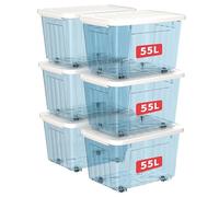 Cetomo 55L*6 Boîtes de Rangement avec Couvercles, Boîte de Rangement en Plastique avec Clips et Roulettes, Empilables, Encastrables, pour Placard de Bureau à Domicile, Bleu Transparent, 55L, Lot de 6