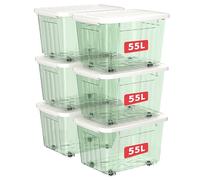 Cetomo 55L*6 Boîtes de Rangement avec Couvercles, Boîte de Rangement en Plastique avec Clips et Roulettes, Empilables, Encastrables, pour Placard de Bureau à Domicile, Vert Transparent, 55L, Lot de 6