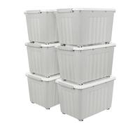Cetomo 55L*6 Boîtes de Rangement avec Couvercles, Boîte de Rangement en Plastique avec Clips et Roulettes, Empilables, Encastrables, pour Placard de Bureau à Domicile, Gris, 55L, Lot de 6