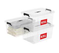 Cetomo 65L*3 Boîte de Rangement, Bac de rangement avec Poignée, Plastique Organisateur avec Couvercle, Empilable, Transportable, pour Vêtements, Bureau, Chambre, Dortoirs, Transparent, 65L - Lot de 3