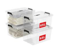 Cetomo 65L*4 Boîte de Rangement, Bac de rangement avec Poignée, Plastique Organisateur avec Couvercle, Empilable, Transportable, pour Vêtements, Bureau, Chambre, Dortoirs, Transparent, 65L - Lot de 4