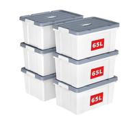 Cetomo 65L*6 Boîte de Rangement, Bac de rangement avec Poignée, Plastique Organisateur avec Couvercle, Empilable, Transportable, pour Vêtements, Bureau, Chambre, Dortoirs, Blanc, 65L - Lot de 6