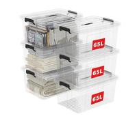 Cetomo 65L*6 Boîte de Rangement, Bac de rangement avec Poignée, Plastique Organisateur avec Couvercle, Empilable, Transportable, pour Vêtements, Bureau, Chambre, Dortoirs, Transparent, 65L - Lot de 6